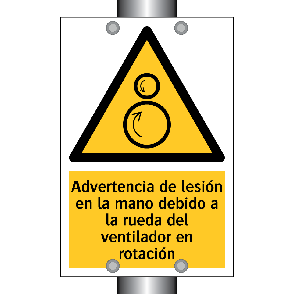 Advertencia de lesión en la mano debido a la rueda del ventilador en rotación