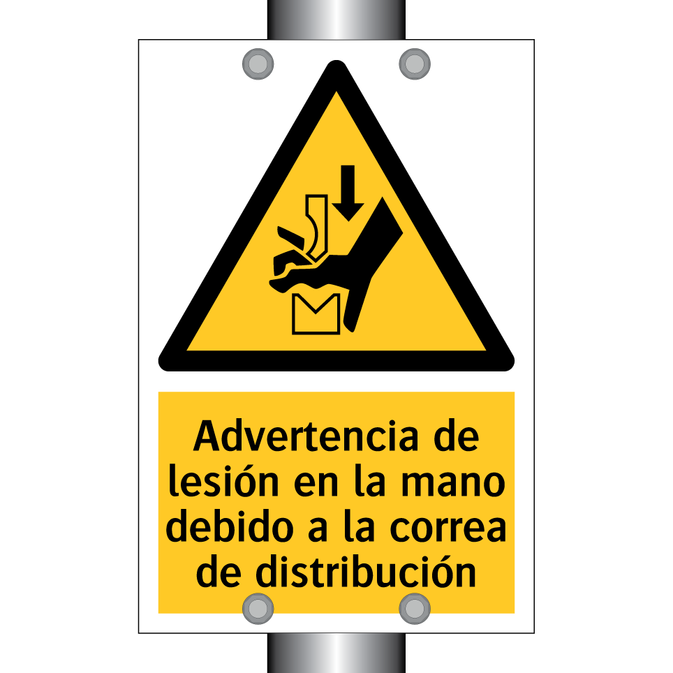 Advertencia de lesión en la mano debido a la correa de distribución