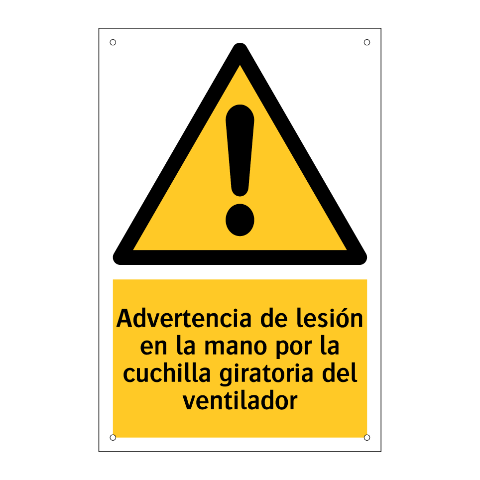 Advertencia de lesión en la mano por la cuchilla giratoria del ventilador