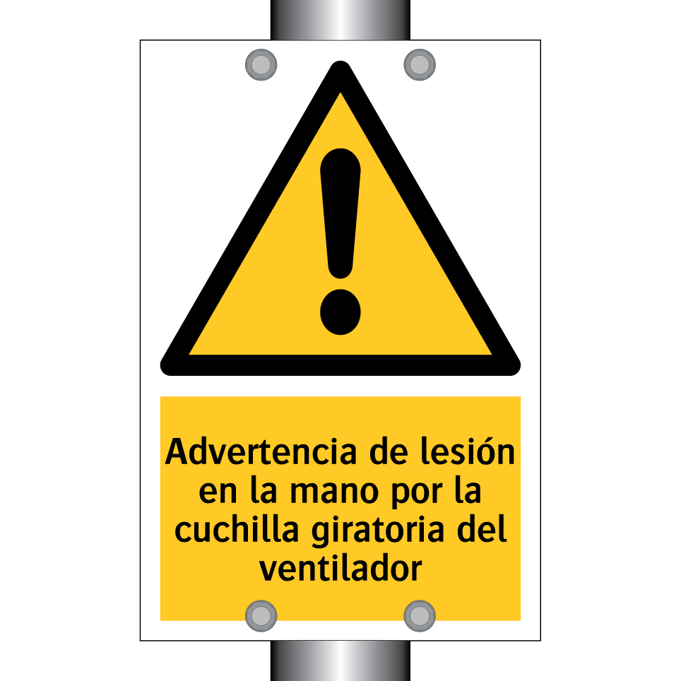 Advertencia de lesión en la mano por la cuchilla giratoria del ventilador