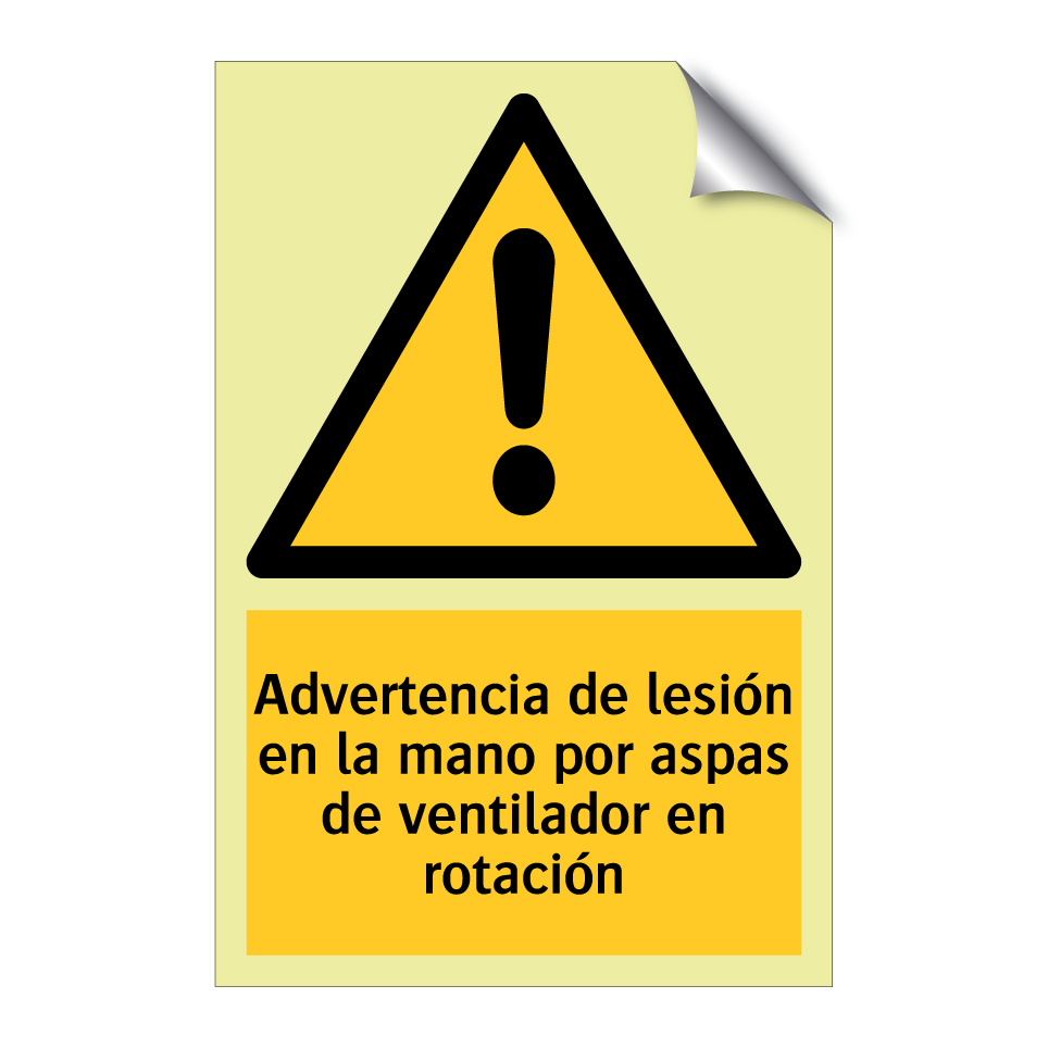 Advertencia de lesión en la mano por aspas de ventilador en rotación