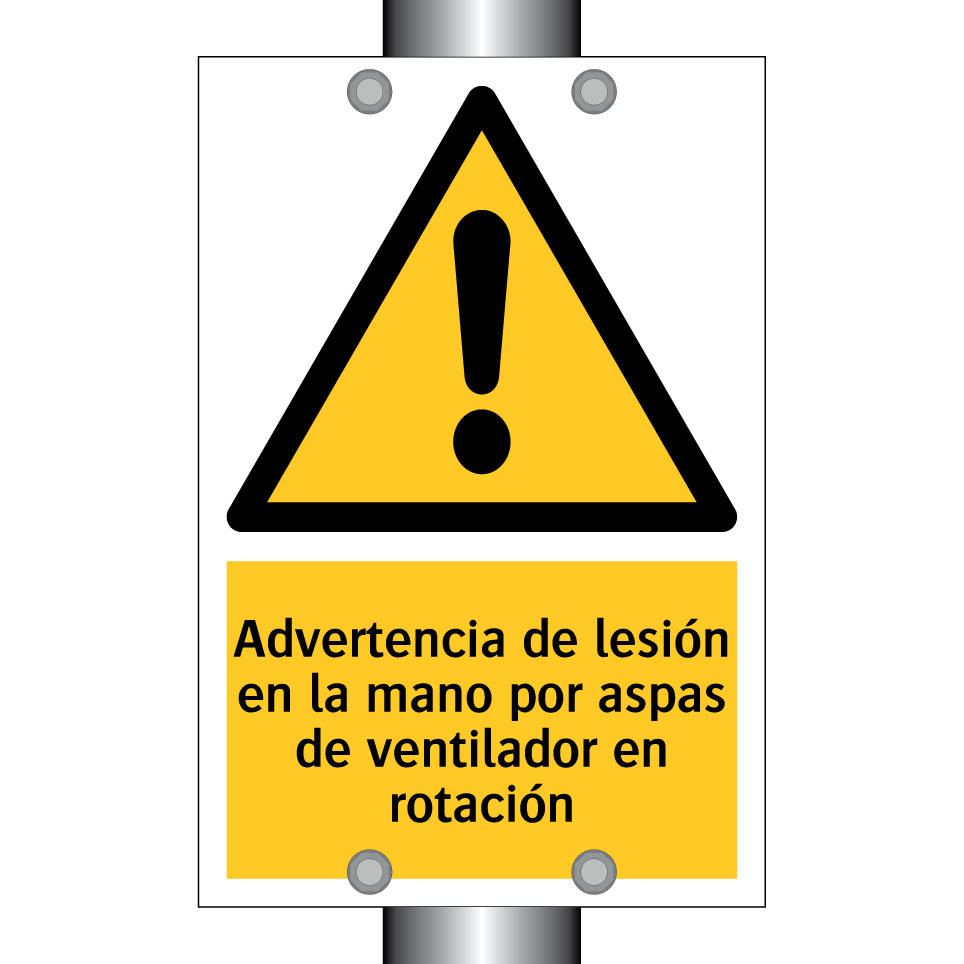 Advertencia de lesión en la mano por aspas de ventilador en rotación
