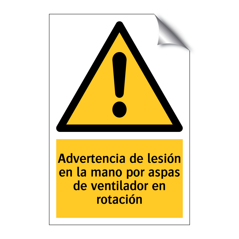 Advertencia de lesión en la mano por aspas de ventilador en rotación