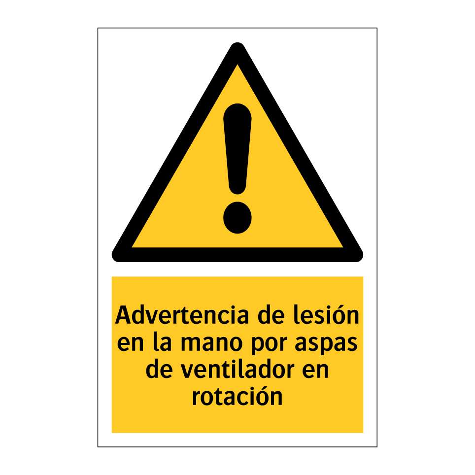 Advertencia de lesión en la mano por aspas de ventilador en rotación