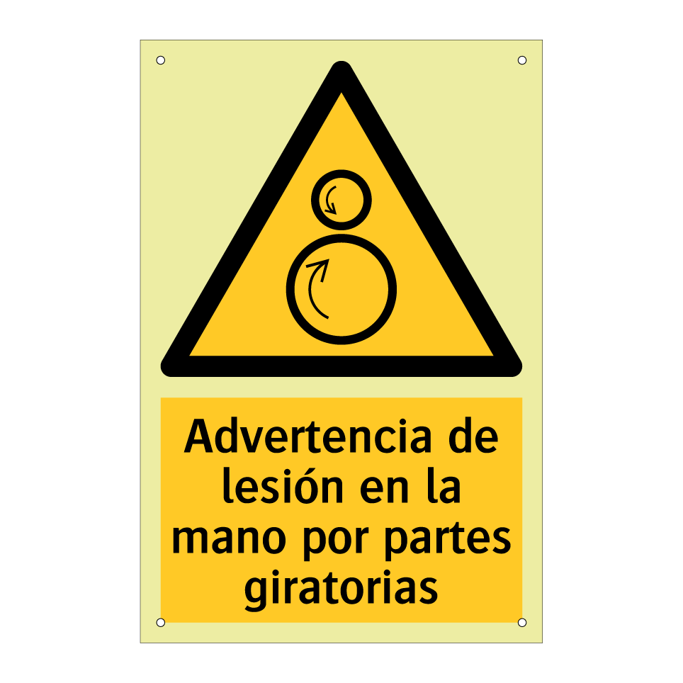 Advertencia de lesión en la mano por partes giratorias