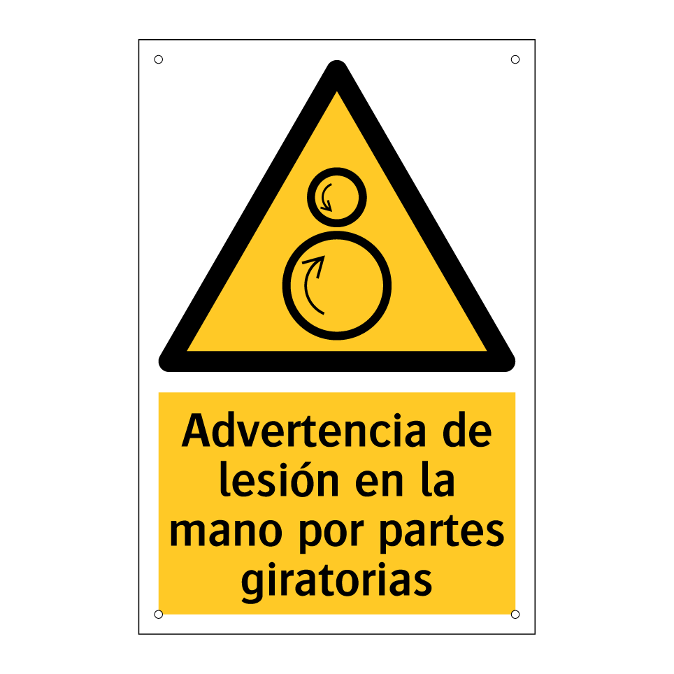 Advertencia de lesión en la mano por partes giratorias
