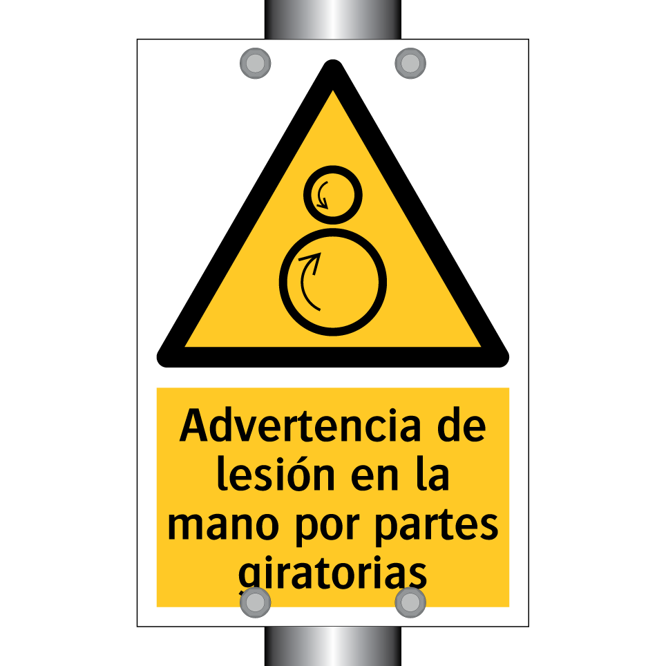 Advertencia de lesión en la mano por partes giratorias