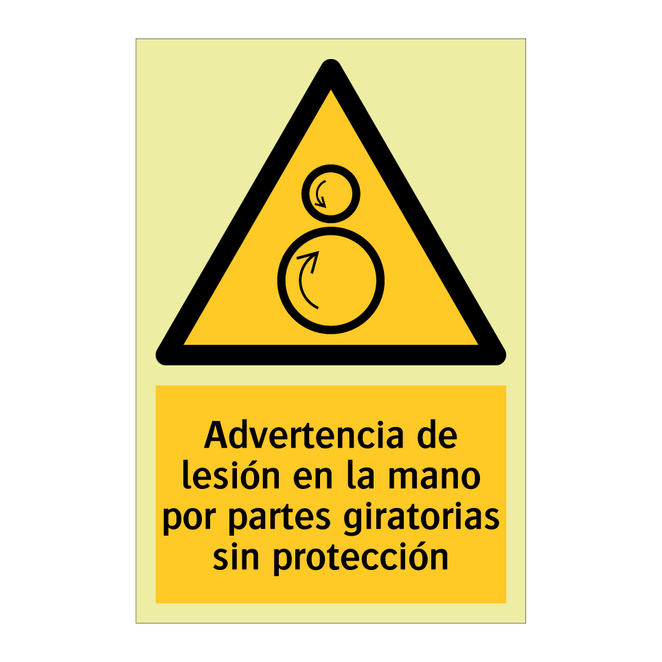 Advertencia de lesión en la mano por partes giratorias sin protección