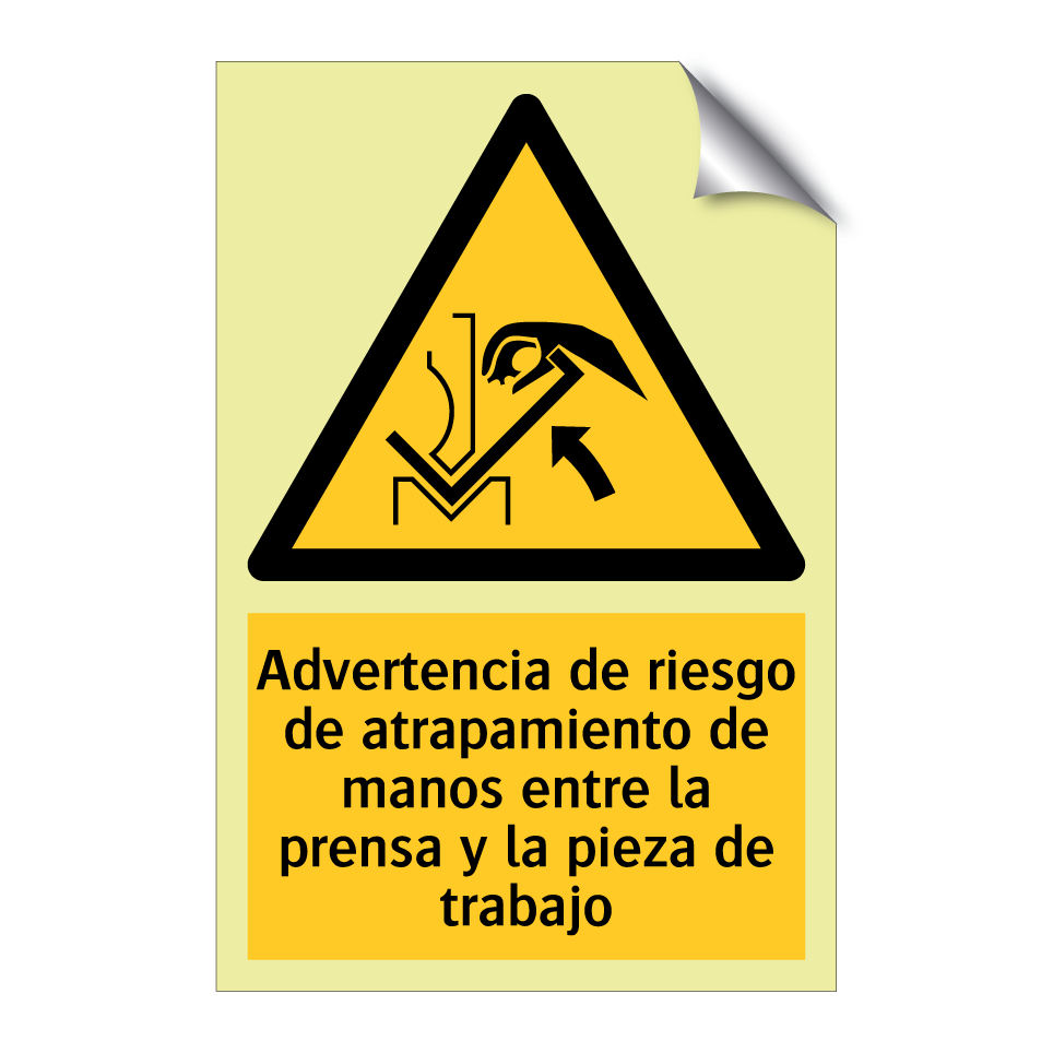 Advertencia de riesgo de atrapamiento de manos entre la prensa y la pieza de trabajo