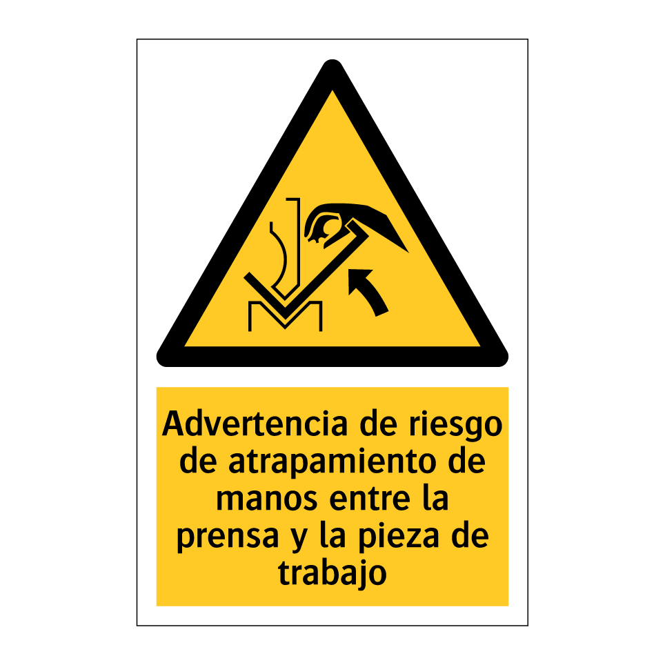 Advertencia de riesgo de atrapamiento de manos entre la prensa y la pieza de trabajo