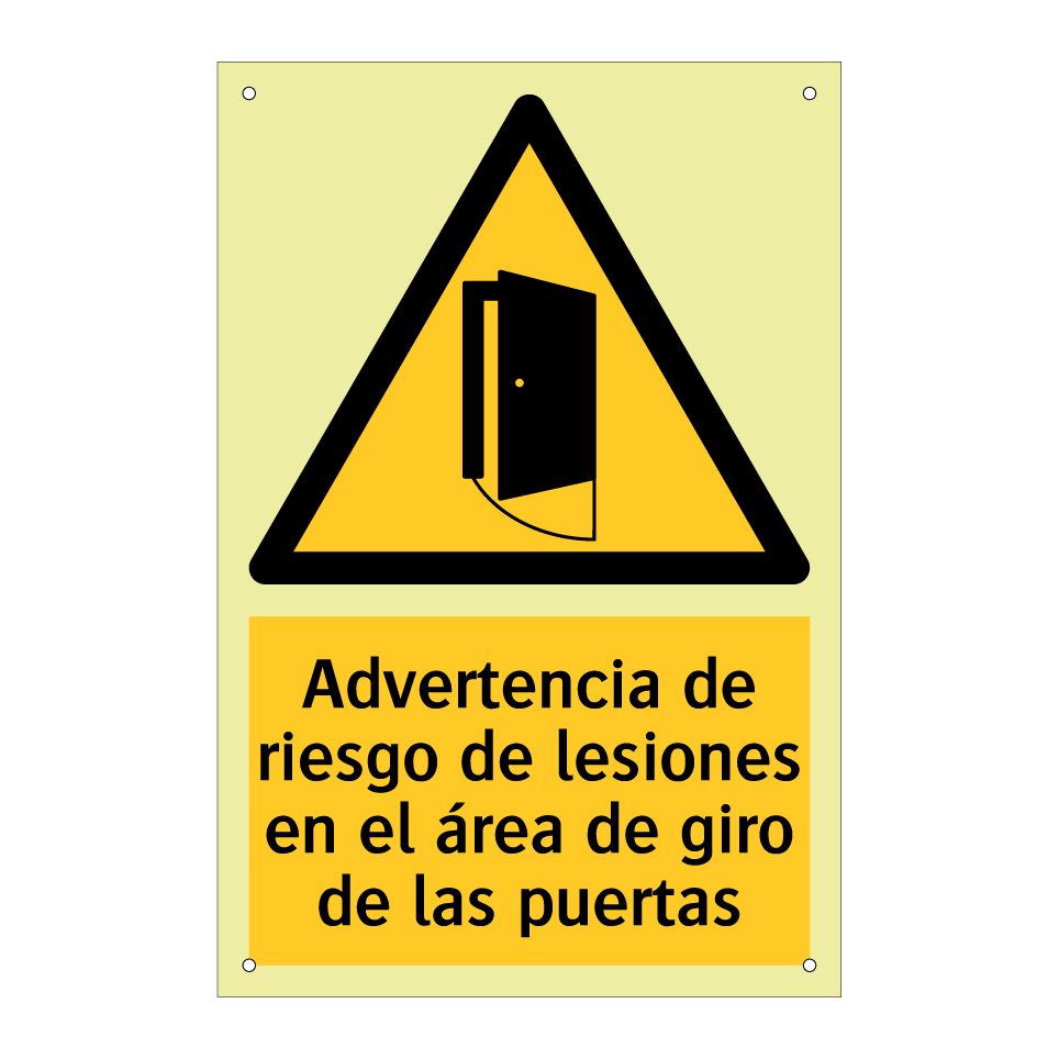 Advertencia de riesgo de lesiones en el área de giro de las puertas
