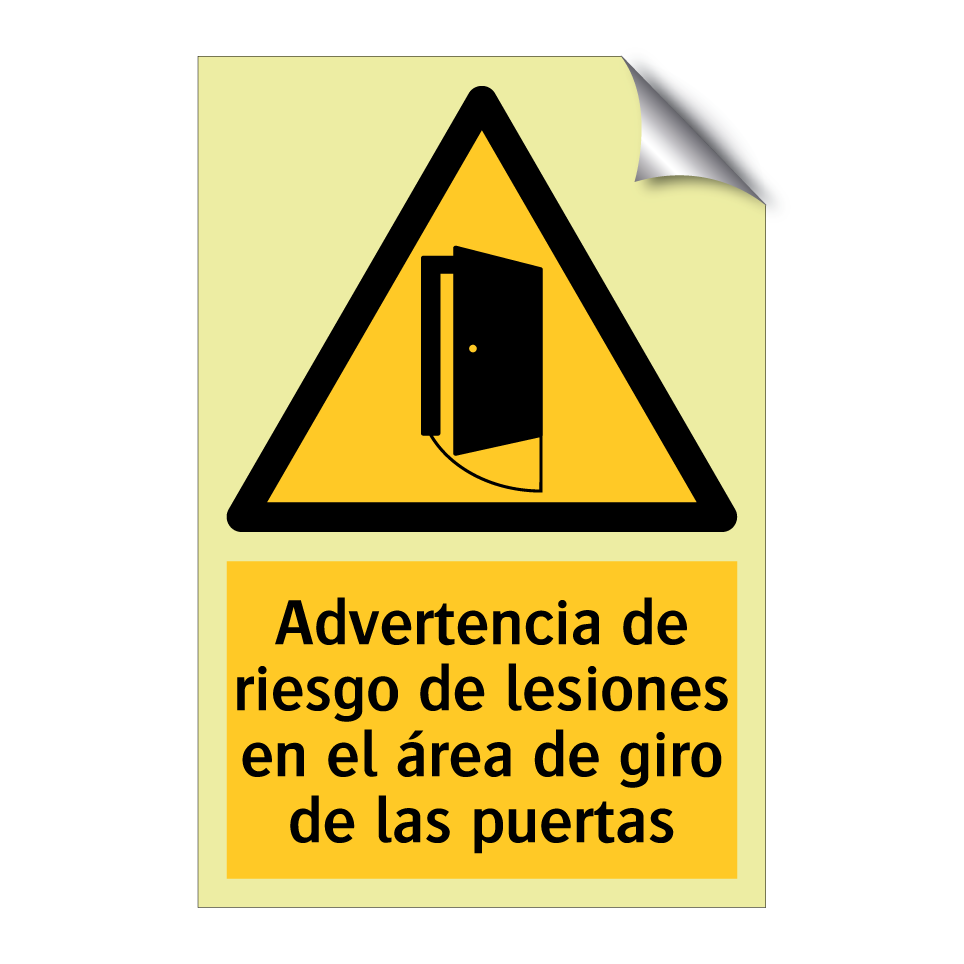 Advertencia de riesgo de lesiones en el área de giro de las puertas