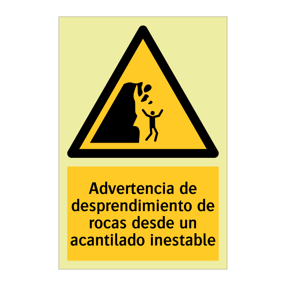 Advertencia de desprendimiento de rocas desde un acantilado inestable