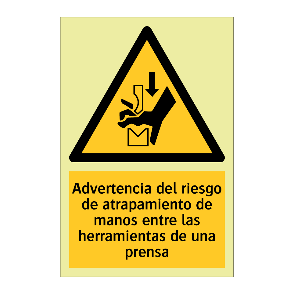 Advertencia del riesgo de atrapamiento de manos entre las herramientas de una prensa
