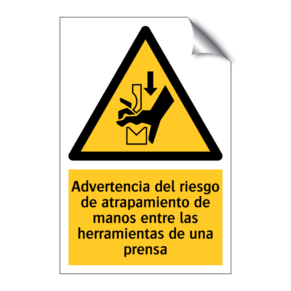 Advertencia del riesgo de atrapamiento de manos entre las herramientas de una prensa