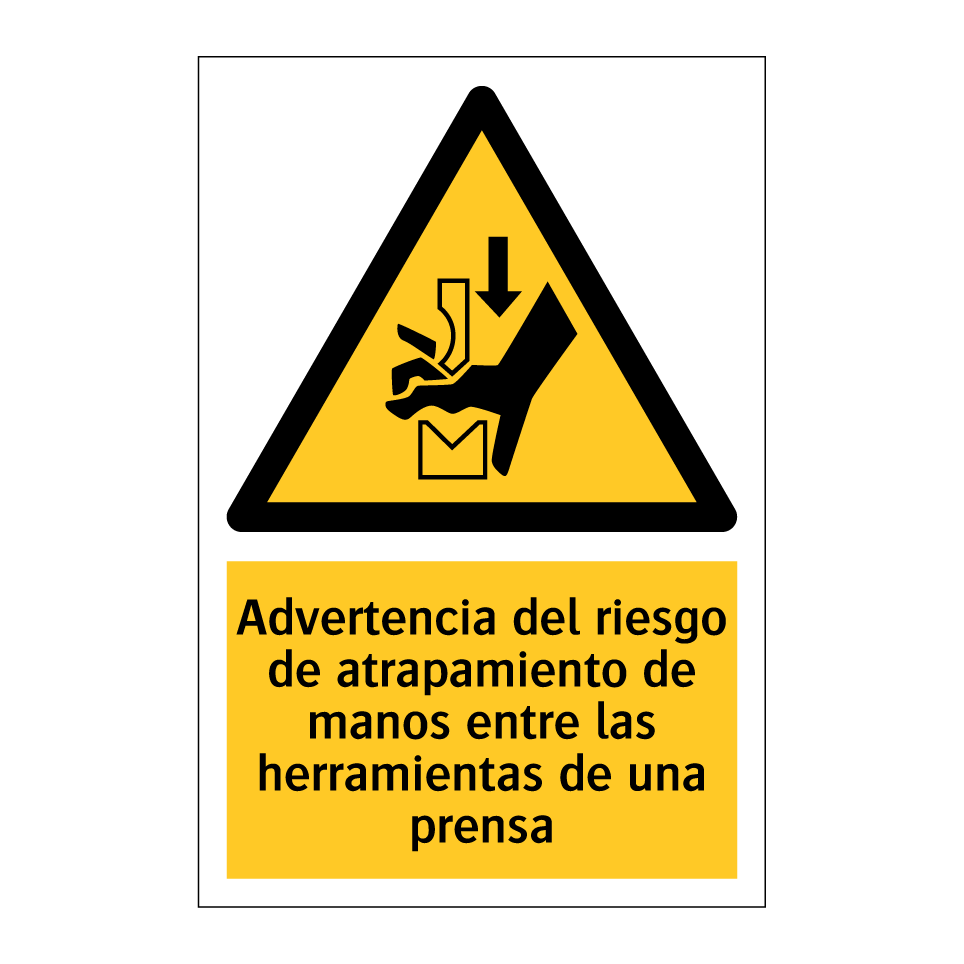 Advertencia del riesgo de atrapamiento de manos entre las herramientas de una prensa