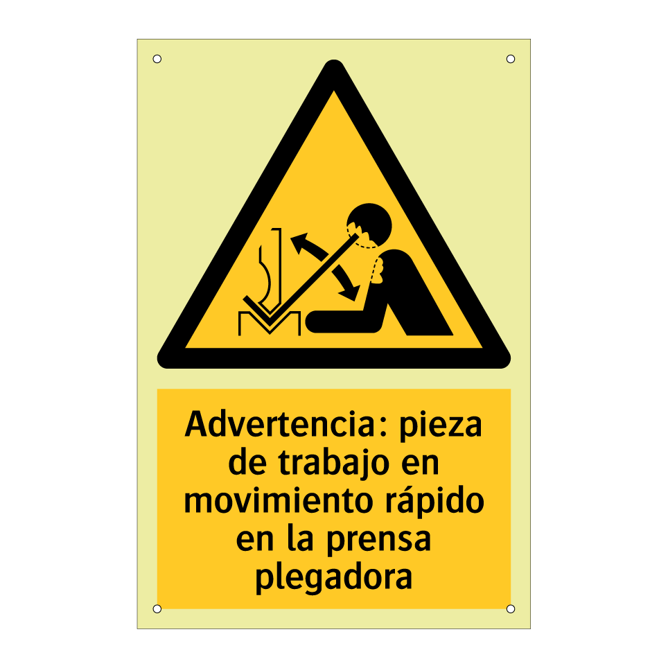 Advertencia: pieza de trabajo en movimiento rápido en la prensa plegadora