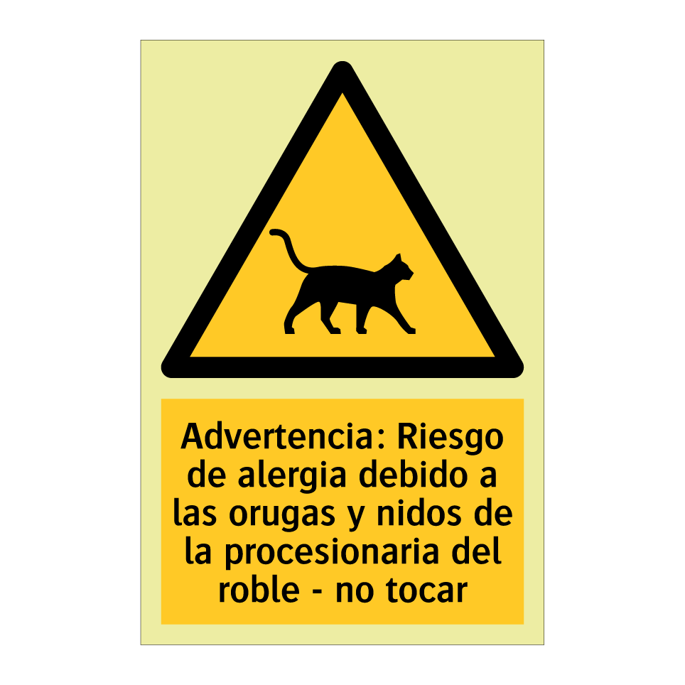 Advertencia: Riesgo de alergia debido a las orugas y nidos de la procesionaria del roble - no tocar