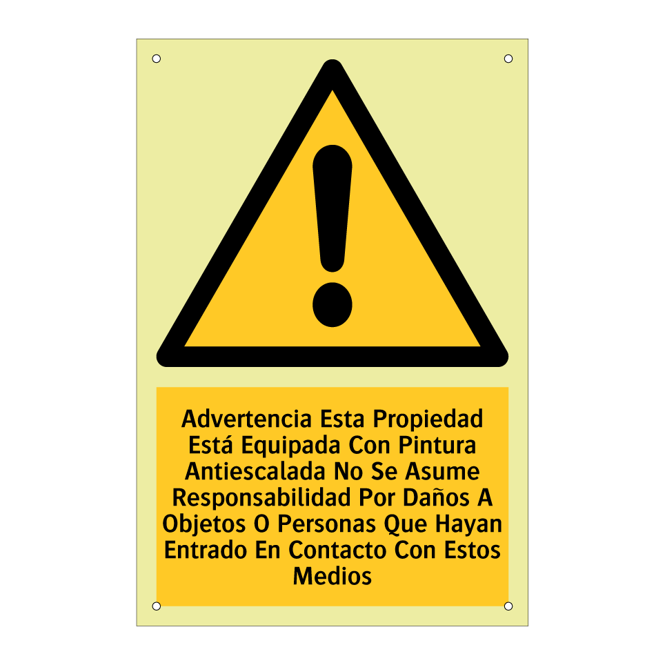 Advertencia Esta Propiedad Está Equipada Con Pintura Antiescalada No Se Asume Responsabilidad Por Daños A Objetos O Personas Que Hayan Entrado En Contacto Con Estos Medios