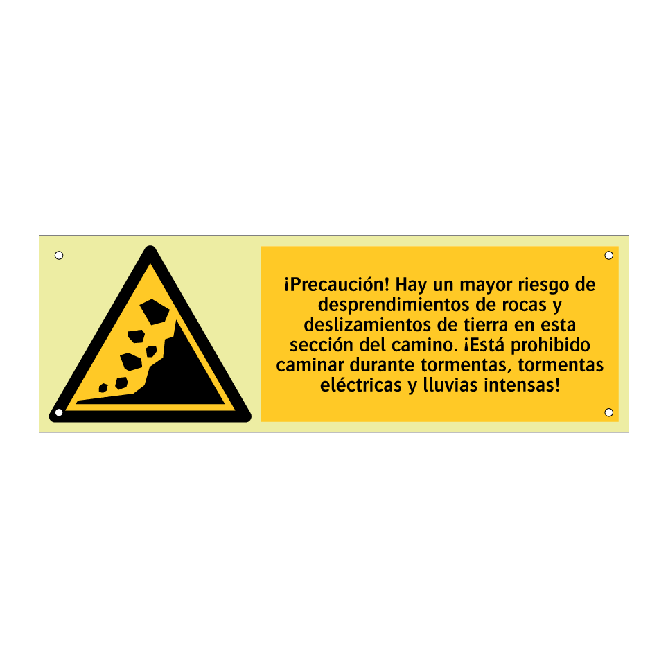 ¡Precaución! Hay un mayor riesgo de desprendimientos de rocas y deslizamientos de tierra en esta sección del camino. ¡Está prohibido caminar durante tormentas, tormentas eléctricas y lluvias intensas!