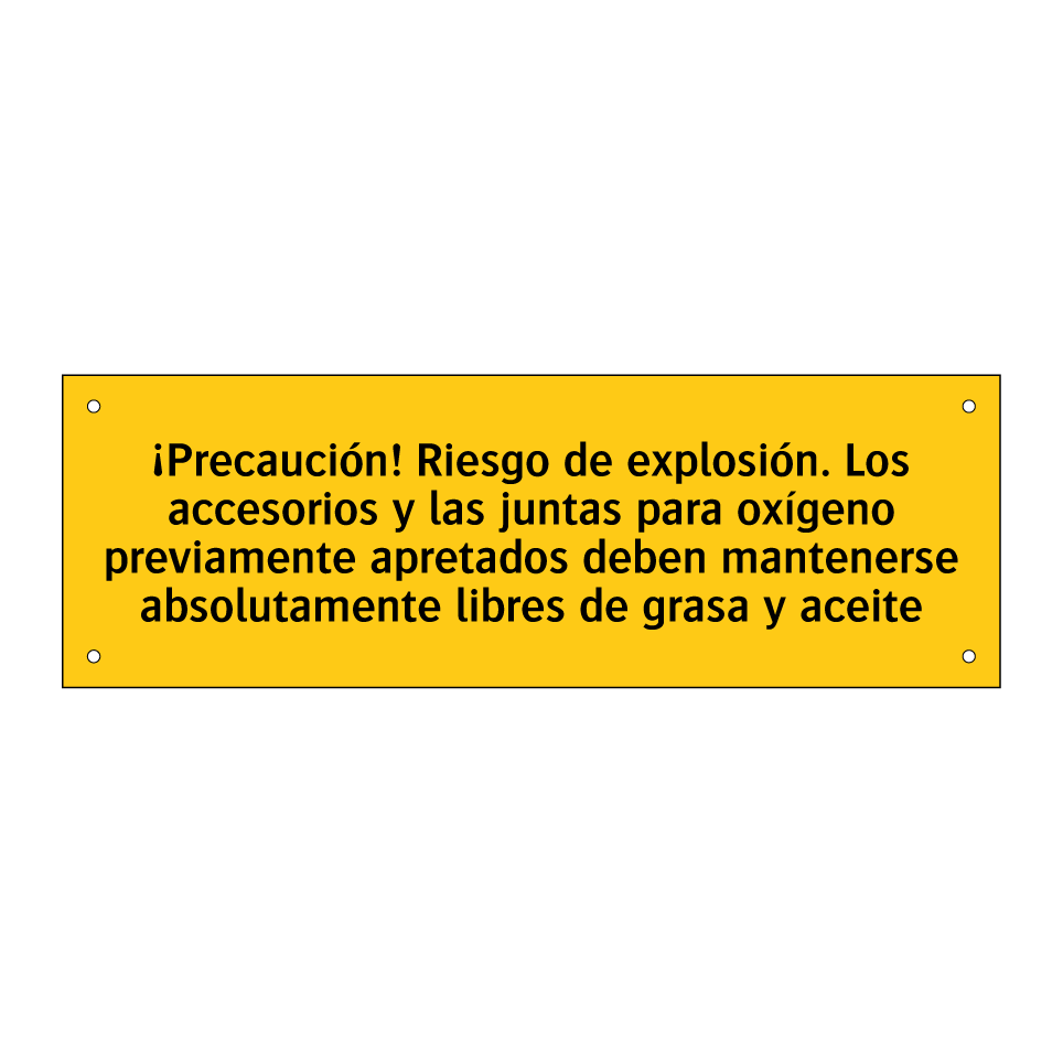 ¡Precaución! Riesgo de explosión. Los accesorios y las juntas para oxígeno previamente apretados deben mantenerse absolutamente libres de grasa y aceite