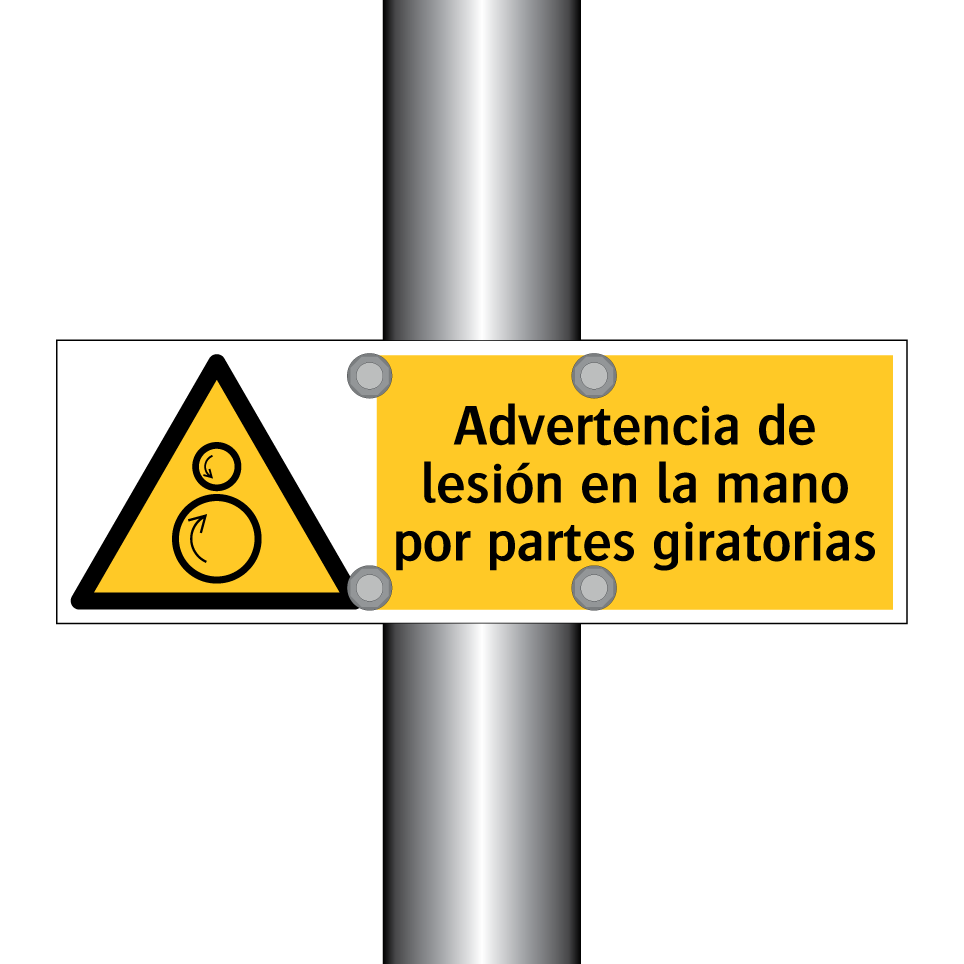 Advertencia de lesión en la mano por partes giratorias