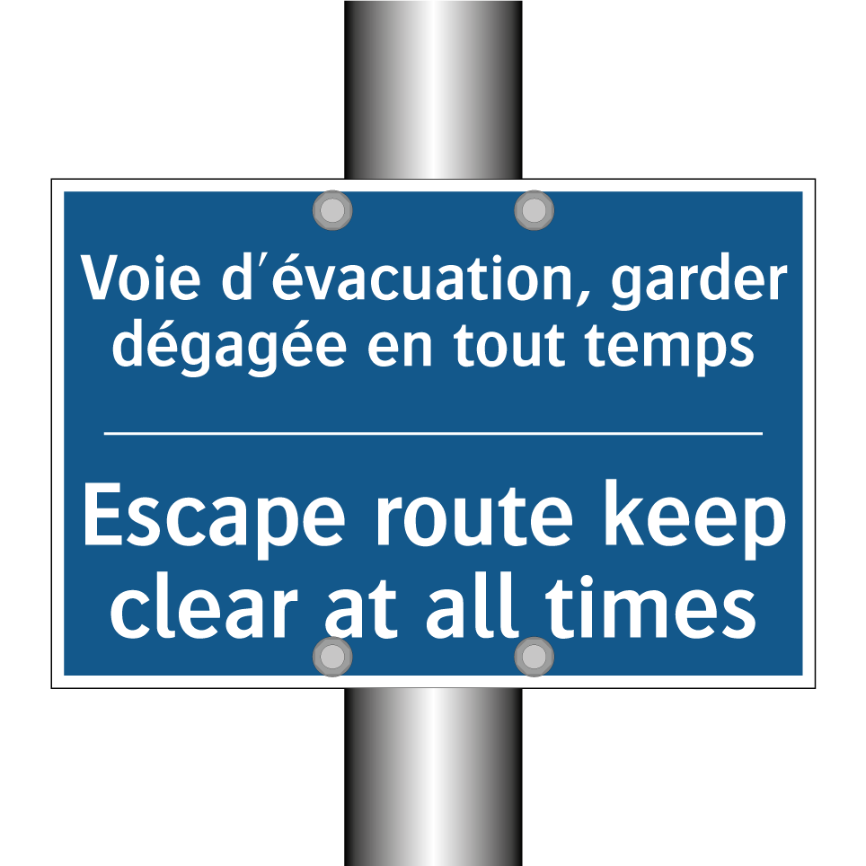 Voie d'évacuation, garder dégagée  /.../ - Escape route keep clear at all  /.../