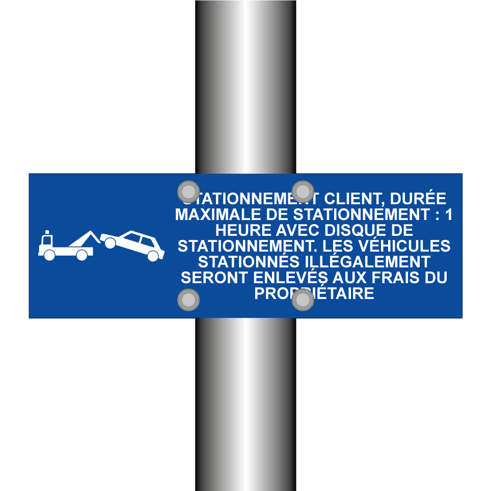 Stationnement client, durée maximale de stationnement : 1 heure avec disque de stationnement. Les véhicules stationnés illégalement seront enlevés aux frais du propriétaire.