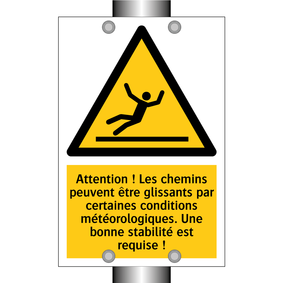 Attention ! Les chemins peuvent être glissants par certaines conditions météorologiques. Une bonne stabilité est requise !