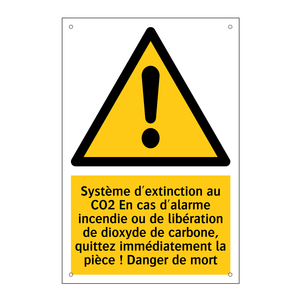 Système d'extinction au CO2 En cas d'alarme incendie ou de libération de dioxyde de carbone, quittez immédiatement la pièce ! Danger de mort