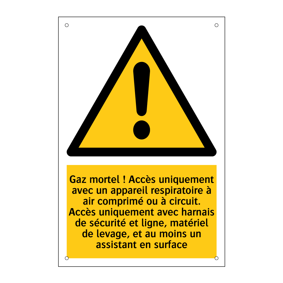 Gaz mortel ! Accès uniquement avec un appareil respiratoire à air comprimé ou à circuit. Accès uniquement avec harnais de sécurité et ligne, matériel de levage, et au moins un assistant en surface