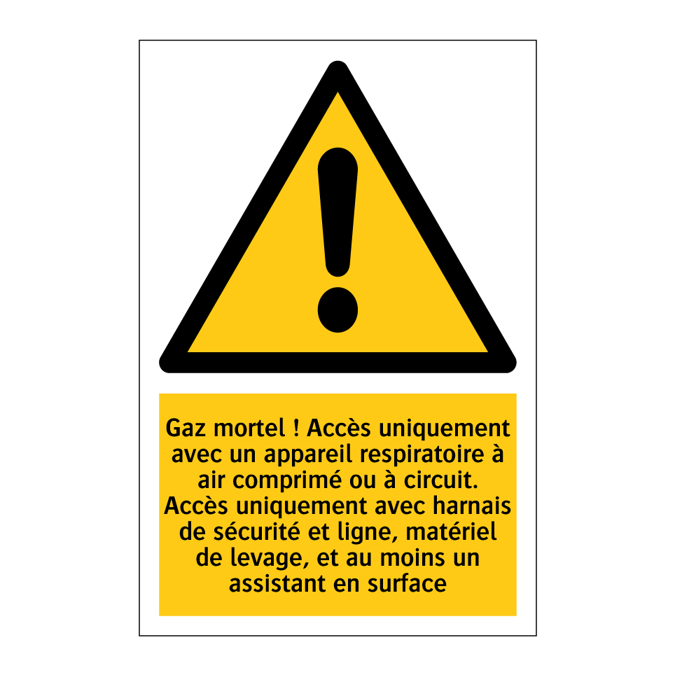 Gaz mortel ! Accès uniquement avec un appareil respiratoire à air comprimé ou à circuit. Accès uniquement avec harnais de sécurité et ligne, matériel de levage, et au moins un assistant en surface