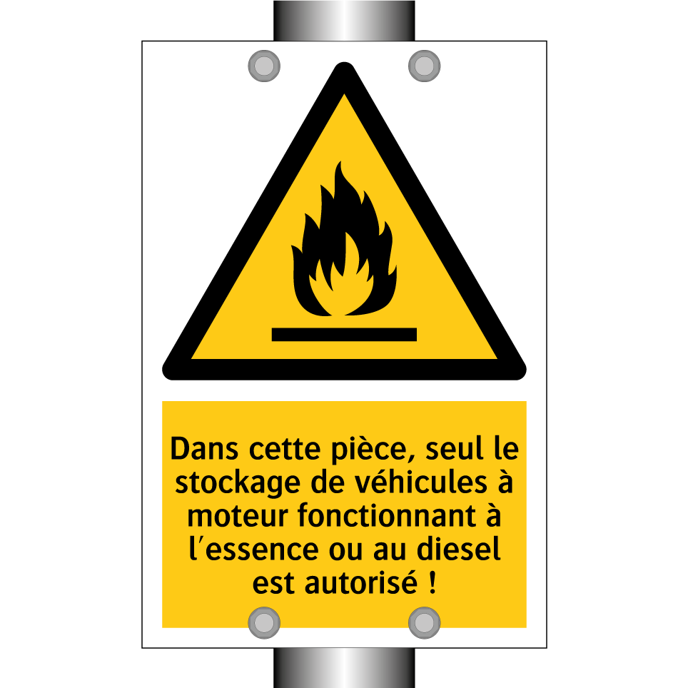 Dans cette pièce, seul le stockage de véhicules à moteur fonctionnant à l'essence ou au diesel est autorisé !