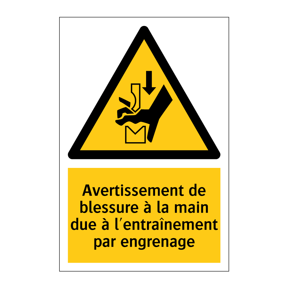 Avertissement de blessure à la main due à l'entraînement par engrenage
