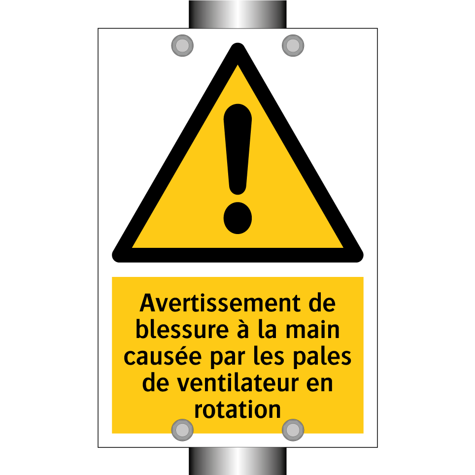 Avertissement de blessure à la main causée par les pales de ventilateur en rotation