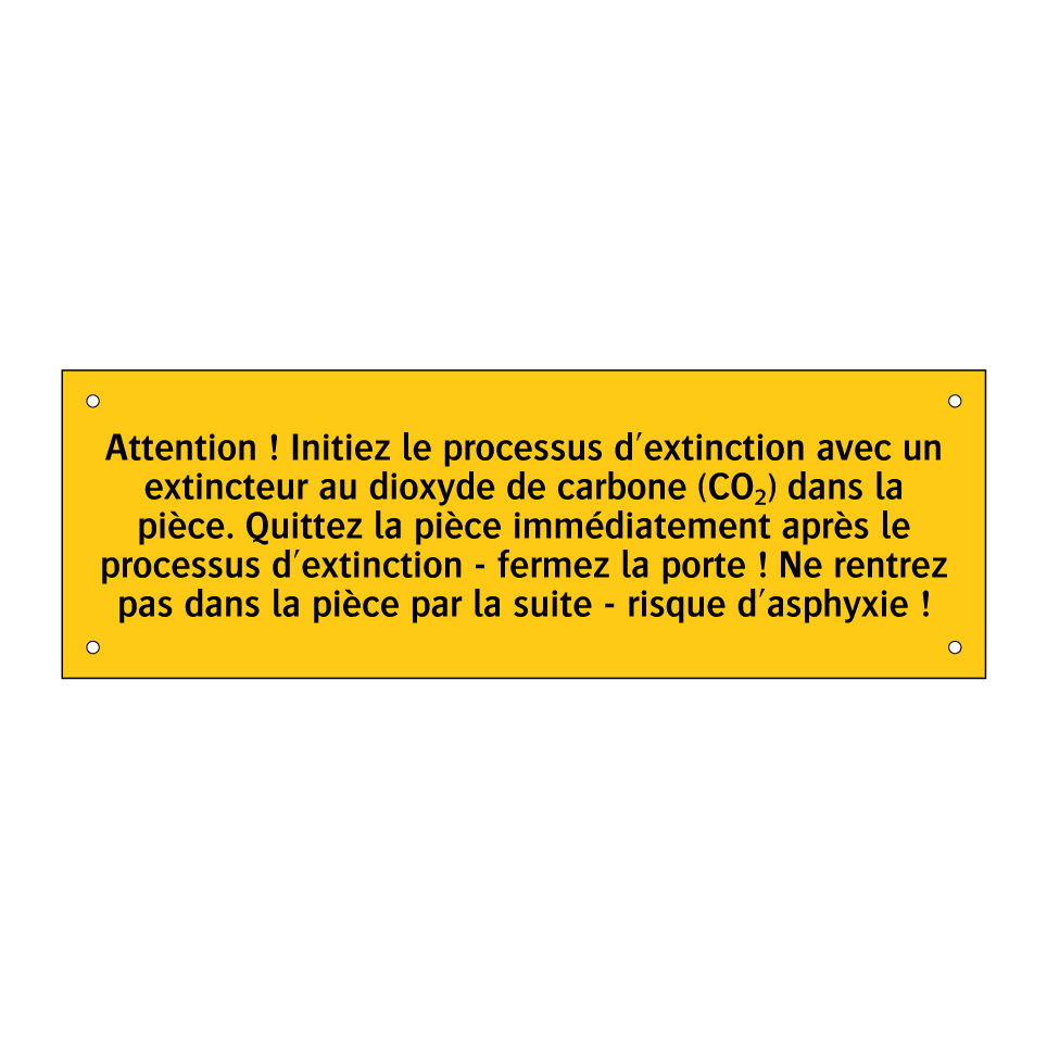 Attention ! Initiez le processus d'extinction avec un extincteur au dioxyde de carbone (CO₂) dans la pièce. Quittez la pièce immédiatement après le processus d'extinction - fermez la porte ! Ne rentrez pas dans la pièce par la suite - risque d'asphyxie !