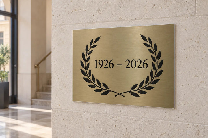 Brass-look commemorative anniversary plaque with laurel wreath